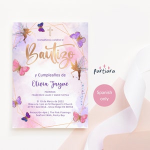 Doop uitnodiging sprookje sjabloon in het Spaans, meisje 1e verjaardag gezamenlijke doop feest uitnodiging afdrukbare, pastel roze paarse vlinder kaart P676