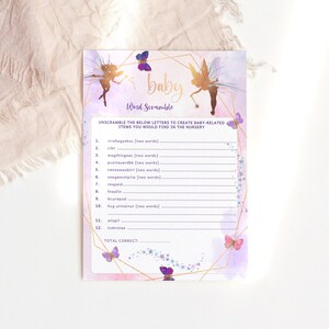 Fairy Baby Shower Game, Word Scramble Nursery Trivia Card Template, Girl Pink Purple Enchanted Butterfly Printable, Editable Download P676