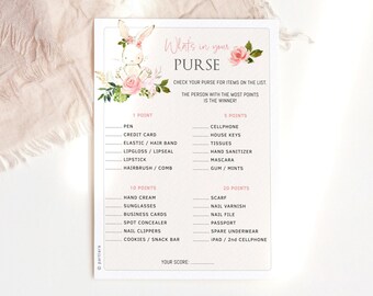 Bunny Whats in your Purse Game Card Template, Girls Baby Shower Party Notecard Printable, Easter Spring Pink Floral Decor, Editable P376