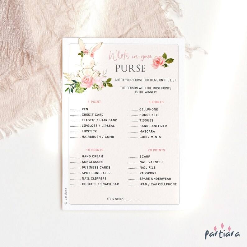 Bunny Baby Shower Game Whats in Your Purse Quiz Games Notecard
