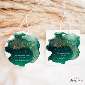 Emerald Green and Gold Favor Tag Printable Ladies Birthday Party Thank You Mini Wine Label Tags Editable Instant Download Template P132 P257