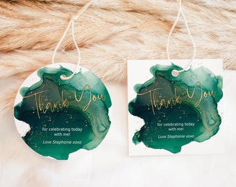 Smaragdgroen en goud gunst tag afdrukbare verjaardagsfeestje dames bedankt mini wijnetiket Tags bewerkbare Instant Download sjabloon P132 P257