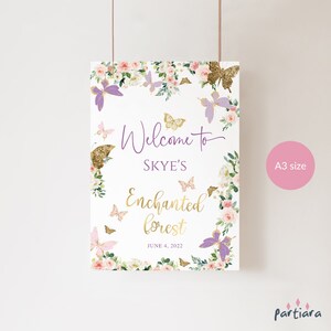 Letrero de bienvenida de bosque encantado, letrero de bienvenida de cumpleaños para niñas, decoración de fiesta de jardín con mariposas florales, descarga editable de color rosa y morado P328