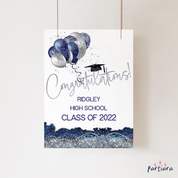 Graduation Party Welcome Sign Printable Royal Blue and Silver High School Grad Party Poster Decor Editable Download Template 18x24 P656