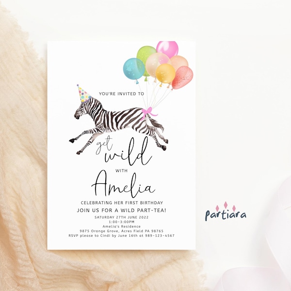 Zebra Balloons 1st Birthday Invite Girl Let's Get Wild Party Animals Printable Zoo Safari Theme Editable Template Pastel Rainbow Decor P28