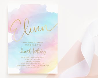 11th Birthday Invitation Digital Download: Girls Pastel Rainbow Pamper Party Printable P179