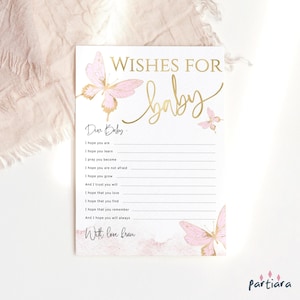 Schmetterling Wünsche für Baby Karte Vorlage, Mädchen Baby Shower Schmetterlinge Notecard Printable, Pastell Rosa Dekor, Bearbeitbar Download P293