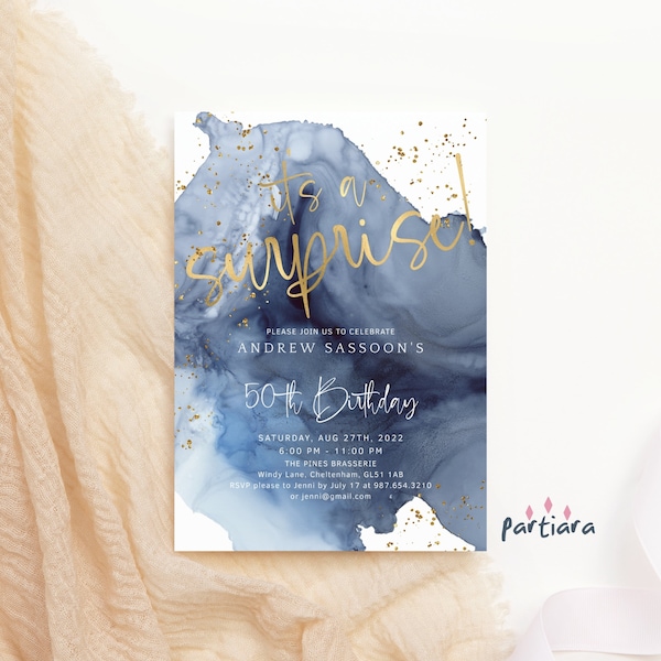 Surprise Party Invitation Any Age Birthday Invite for Men or Ladies Navy Blue Gold Decor DIY Printable Editable Online Template P239