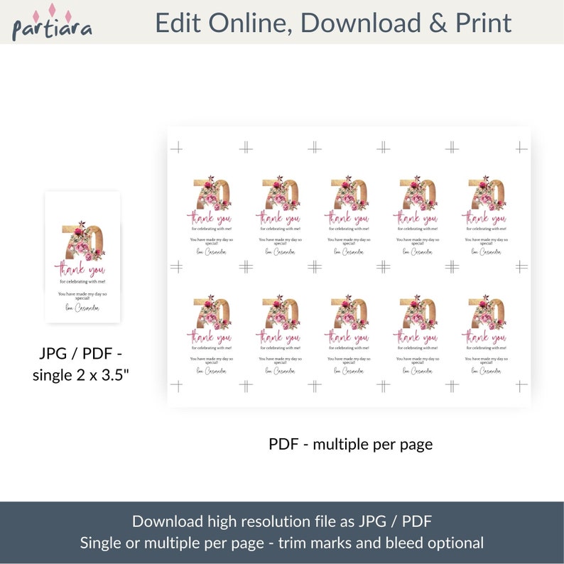 Ladies 70th Birthday Favor Tags Printable Pink Red Roses Gift - Etsy