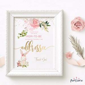 Bunny Addressee Baby Shower Sign, Girl Baby Shower Envelope Addressing Table Poster Decor Printable, Easter Spring Pink Floral Editable P376