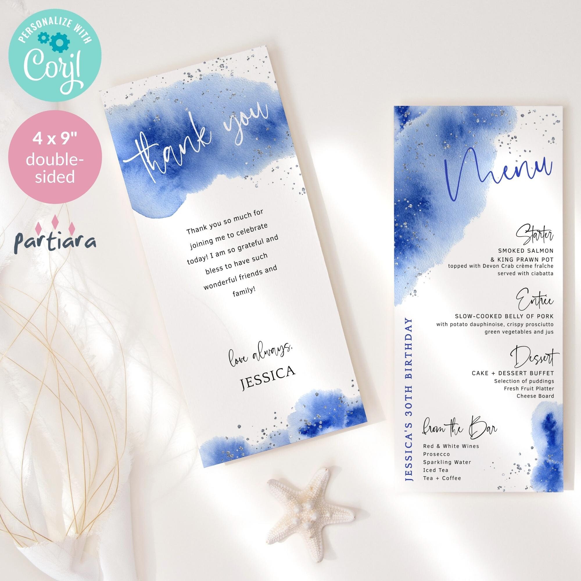 Birthday Menu and Thank You Card Template: Royal Blue Silver Table ...