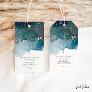 Bestätigung Gefälligkeiten Druckbare Danke Geschenkanhänger für Jungen oder Mädchen Teal Blau Gold Kommunion Etiketten, bearbeitbarer Digitaler Download P231