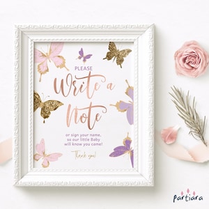 Schmetterling Gästebuch Zeichen druckbar, Mädchen Baby Shower Party Tisch Poster Dekor, 1. Geburtstag oder Taufe Veranstaltungen, bearbeitbare Vorlage P345
