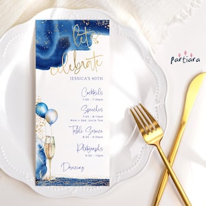Sjabloon blauwe verjaardagsprogramma, marineblauwe dinerprogramma's afdrukbaar voor evenementen voor heren of dames, bewerkbare digitale download P260