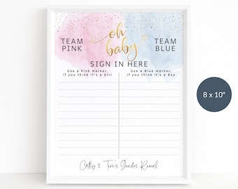 Editable Gender Reveal Party Sign Printable Baby Shower Team Sign-In Poster Boy Girl Pastel Blue Pink Decor Digital Download Template P16