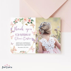 Foto Taufe Dankeskarte, Schmetterling Party druckbare Karte Karte, Blush rosa lila Blumendekor, bearbeitbare digitaler Download P328