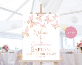 Fille Baptême 1er anniversaire Fête Panneau de bienvenue Papillons imprimables Blush Rose et Or Fête Affiche de bienvenue Décor MODÈLE MODIFIABLE P6 P293