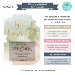 May include: A 5x7 inch brunch invitation template with watercolor background in green and peach tones. The invitation features gold script text that reads "let's brunch" and details for Jessica Lee's 30th birthday.