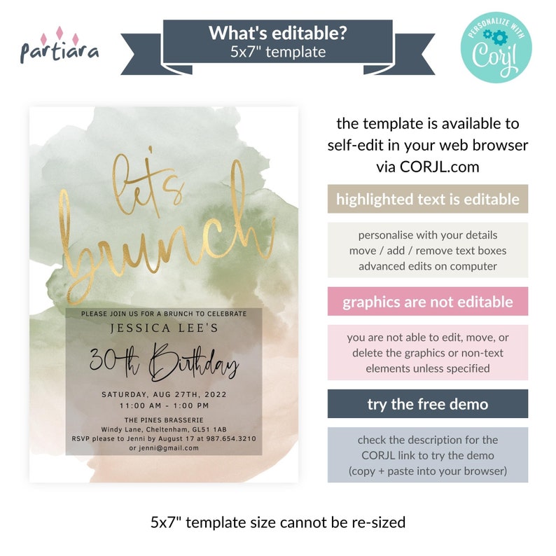 May include: A 5x7 inch brunch invitation template with watercolor background in green and peach tones. The invitation features gold script text that reads "let's brunch" and details for Jessica Lee's 30th birthday.