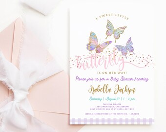 Baby Butterfly Past Invite Girl Baby Shower Butterflies Rainbow Tea Party Invitation Sweet Little Butterfly Printable Editable Download P87