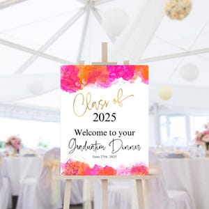 Girls 2025 Graduation Sign Printable, Class of 2025 Welcome Poster Decor, Tropical Hot Pink Orange Summer Party Printable, Editable P200