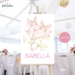 Willkommen Baby Zeichen druckbare Mädchen-Baby-Dusche Schmetterling Party Poster Dekor bearbeitbare Vorlage Blush rosa Gold Digitaler Download P6 P293