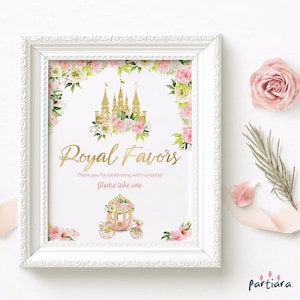Principessa Favors Cartello Ragazza 1° Compleanno Festa Reale Tavoli Poster Decor Stampabile Rosa Floreale Oro Fiaba Carrozza Castello Modificabile P137