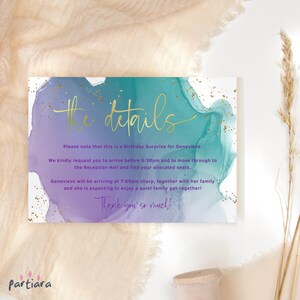 Purple Teal Blue Birthday Details Invitation Insert Cards Printable Men Ladies Boys Girls Party Inserts Editable Digital Download P550