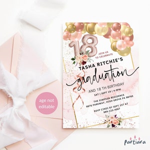 18th Birthday Graduation Invite Girls Boho Rose Gold Balloons Floral Party Invitation Dinner Dance Printable Editable Template Download P190