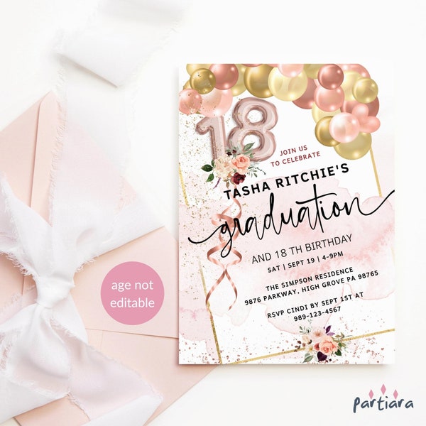 18th Birthday Graduation Invite Girls Boho Rose Gold Balloons Floral Party Invitation Dinner Dance Printable Editable Template Download P190