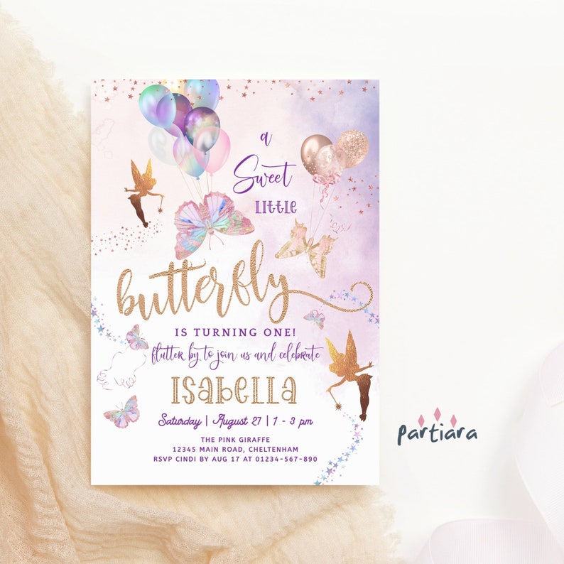 Butterfly Fairy Birthday Invitation DIY Editable Template Girls 1st Birthday Party Invites Printable Magical Rose Gold Pastel