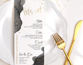 Mens Birthday Menu Card Editable Black and Gold Dinner Drinks Retirement Party Table Menus Printable Digital Download Template P268