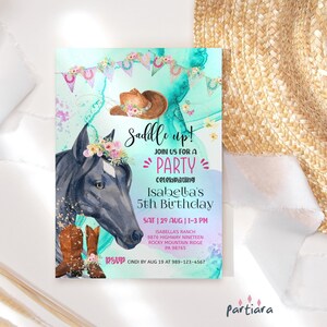 Editable Horse Birthday Invitation Girl Printable Cowgirl Saddle Up Floral Tea Party Invite Purple Green Decor Digital Download P478