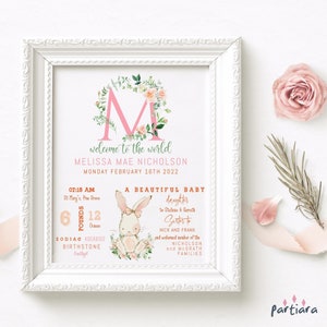 Bearbeitbare Geburtsdaten Vorlage, druckbare Geburtsanzeige von Hasen, Mädchen rosa Blumenkaninchen Kinderzimmer Wandkunst Geschenk, digitaler Download P376
