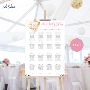 Doop zitplaatsen grafieksjabloon, meisjes 1e verjaardag zitplaatsen teken afdrukbare, pastel Boho roze gouden ballonnen decor, bewerkbare A1 poster P344