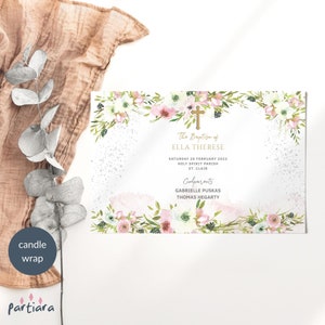 Mädchen Taufe Gunst Wraps druckbare Kerze Label EDITIERBARE VORLAGE Blush rosa weiß Blumen Taufe heilige Kommunion Bevorzugungen Geschenk P344 P10