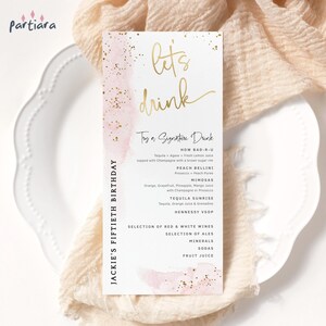 Roze kaart verjaardagsdrankjes menusjabloon, barmenu's voor dames evenement afdrukbaar, pastelwit decor, bewerkbare digitale download P249