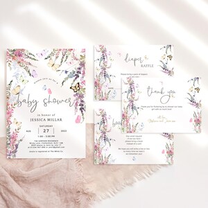 Butterfly Invitation Baby Shower Bundle Set with Inserts, Girls Wildflower Floral Butterflies Decor Printable EDITABLE TEMPLATE P256