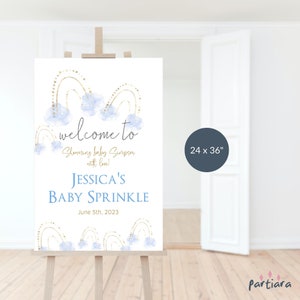 Boho Rainbow Welcome Sign Baby Sprinkle Printable, Boys Baby Shower Welcome Poster Template, 1st Birthday Pastel Blue, Editable Decor P136