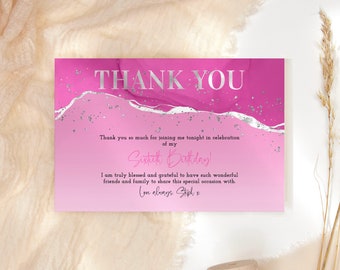May include: Pink and silver thank you card with a watercolor background and the text "Thank you so much for joining me tonight in celebration of my Sixtieth Birthday! I am truly blessed and grateful to have such wonderful friends and family to share this special occasion with. Love always. Steph x"