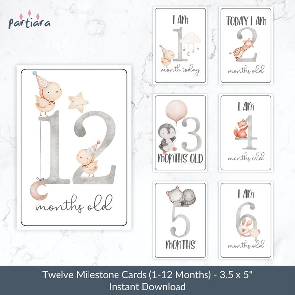 DIY Baby Milestone Cards Printable Gender Neutral Keepsake Photo Props Cute Animals Decor Boy or Girl Instant Download P169