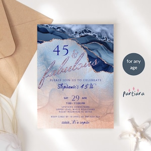 Blush Blue Birthday Invitation 45th Party Invite for Ladies Printable Fabulous and Forty Editable Digital Download Template P139