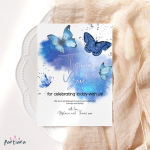Modello di biglietto di ringraziamento a farfalla, biglietti di auguri per feste di compleanno blu argento stampabili modificabili digitali scaricabili P617