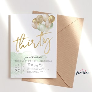 Mesdames 30e anniversaire d'invitation imprimable ballons vert menthe sauge et or Party inviter modifiable en téléchargement numérique modèle Corjl P232 P10