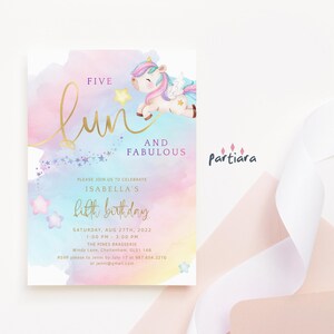Unicorn Birthday Invitation Printable Pastel Rainbow Fun Fabulous Girls 5th Birthday Party Invite Editable Digital Download Template P179
