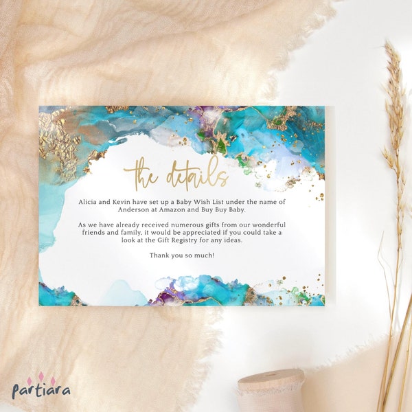 Baby Registry Details Card Nautical Baby Shower Invitation Insert Cards Printable Boy Teal Gold Decoration Editable Download P243