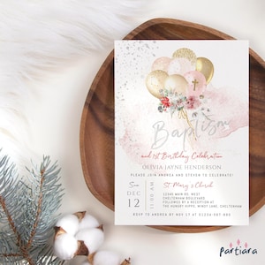 Modello di invito per battesimo, festa di Natale, invito per il primo compleanno di ragazze con stelle di Natale, biglietto con palloncini rosa e oro, modificabile P344