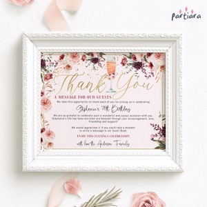 Fall Thank You Sign Birthday Party Table Decoration Printable Rustic Blush Pink Red Gold Floral Editable Digital Download P173