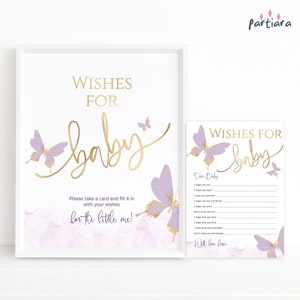 Tarjetas imprimibles con deseos de mariposas para bebé, tarjetas con consejos y deseos para baby shower de niña, decoración con mariposas moradas, lilas y doradas, descarga editable P438