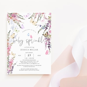 Invitación a fiesta de cumpleaños con diseño de mariposas y flores silvestres para niñas, imprimible, editable, descarga digital, plantilla P256